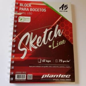 Cuaderno Sketch papel blanco liso 75 gr anillado A5 tapa bordo x 60 hojas
